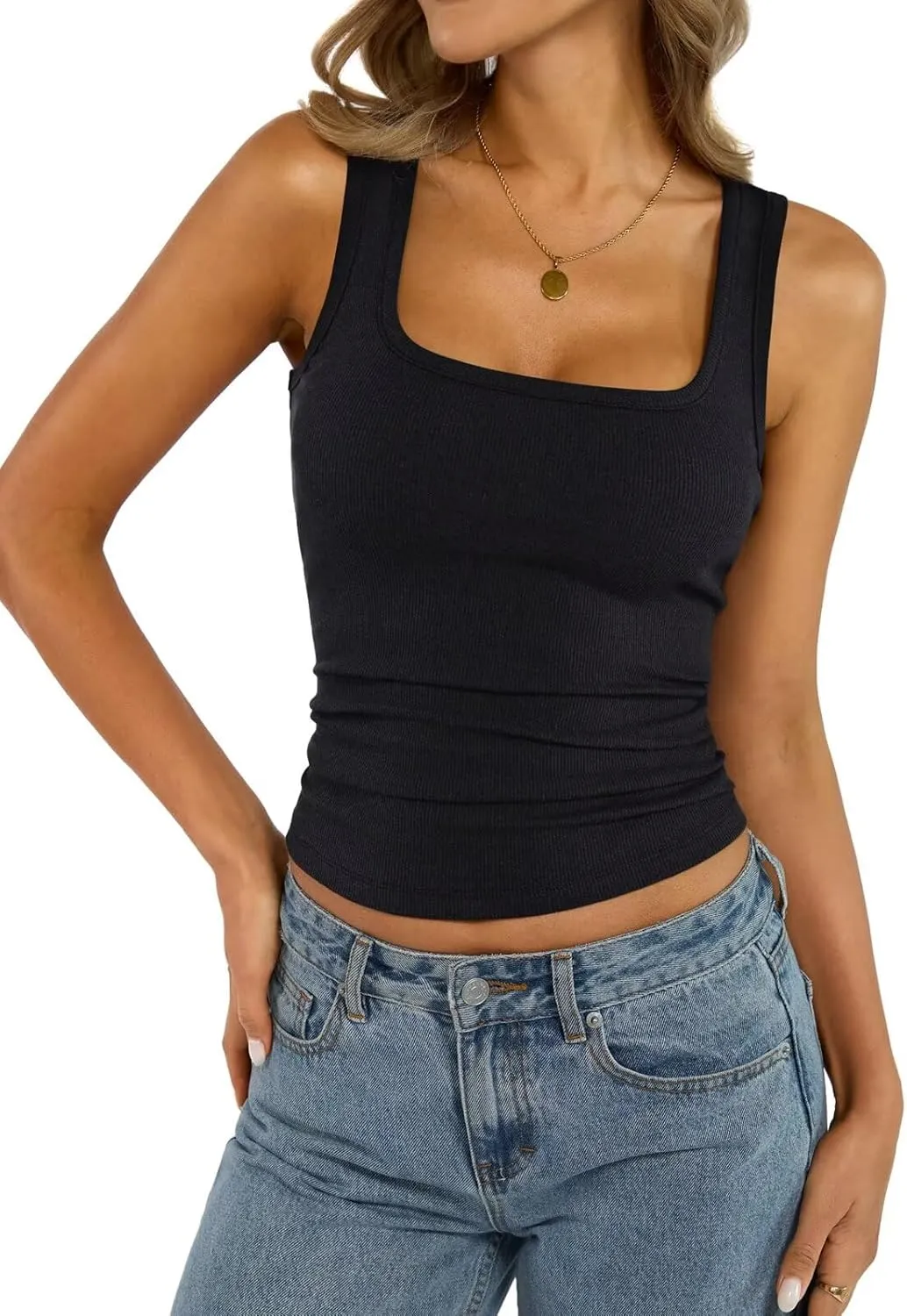 Womens Square Neck Ribbed Tank Tops Thin Shoulder Strap Sleeveless Basic Summer Clothes 2025