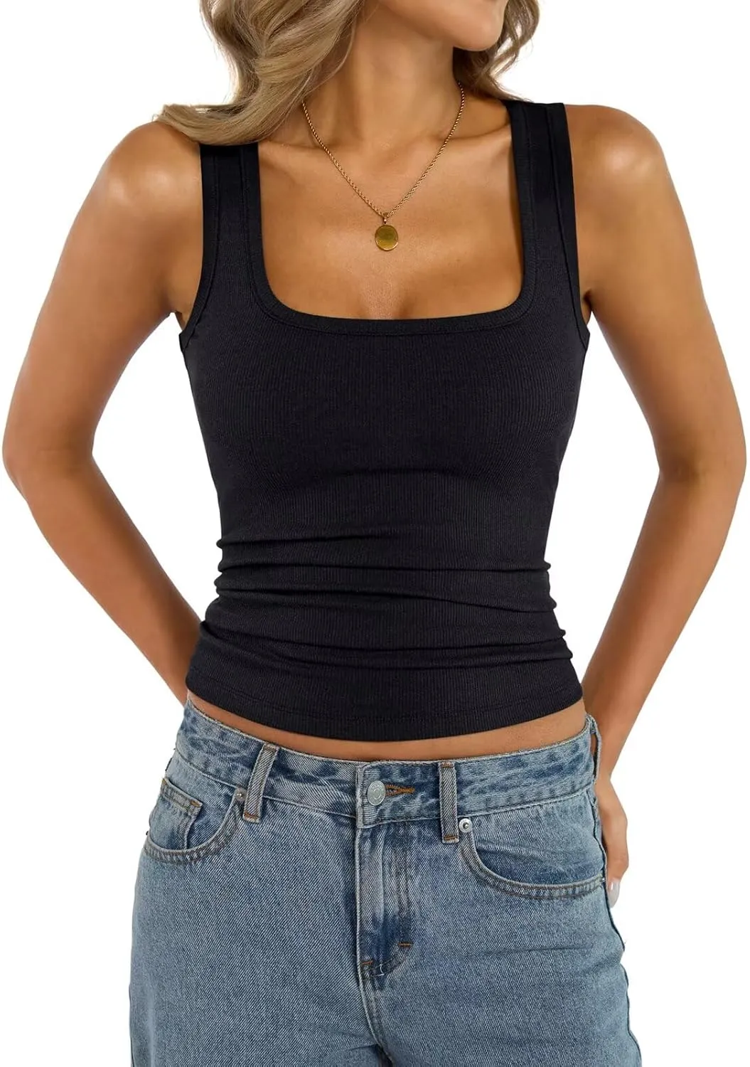 Womens Square Neck Ribbed Tank Tops Thin Shoulder Strap Sleeveless Basic Summer Clothes 2025