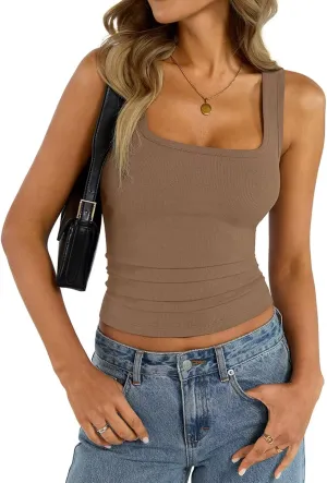 Womens Square Neck Ribbed Tank Tops Thin Shoulder Strap Sleeveless Basic Summer Clothes 2025