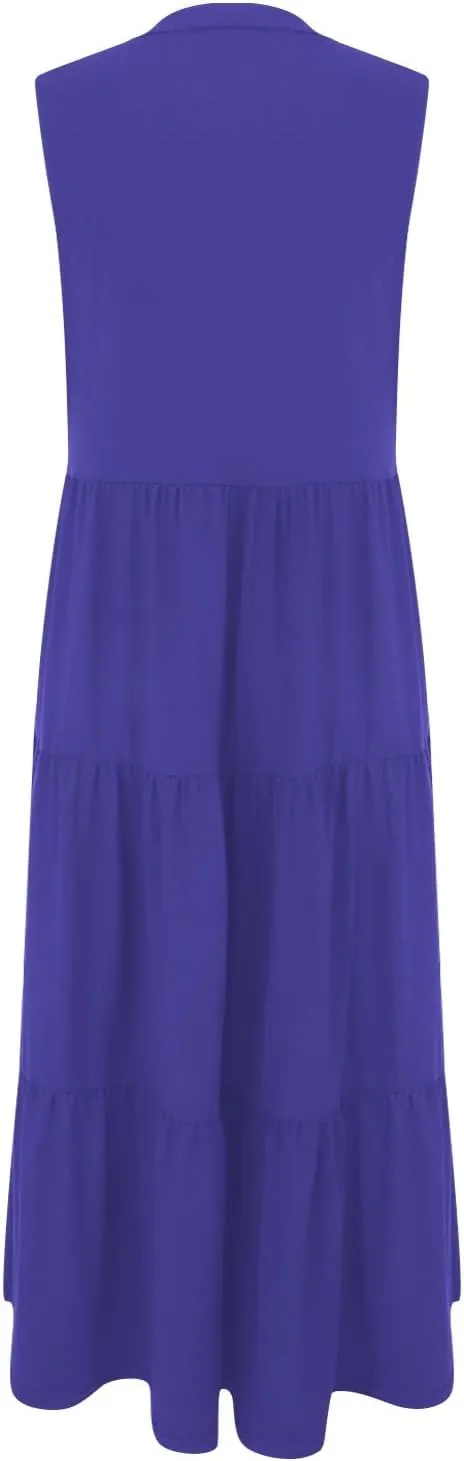 Womens Summer Dresses Fashion Boho Sleeveless V-Neck Maxi Dresses Flowy Pleated Beach Vacation Tank Sundress