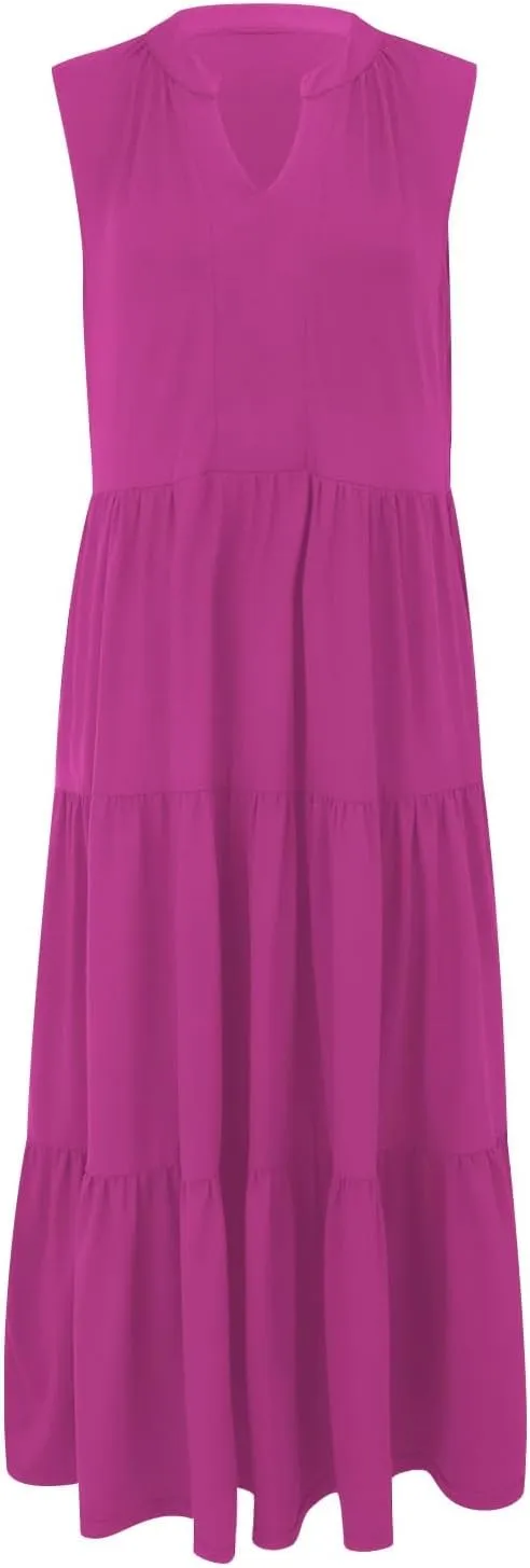 Womens Summer Dresses Fashion Boho Sleeveless V-Neck Maxi Dresses Flowy Pleated Beach Vacation Tank Sundress