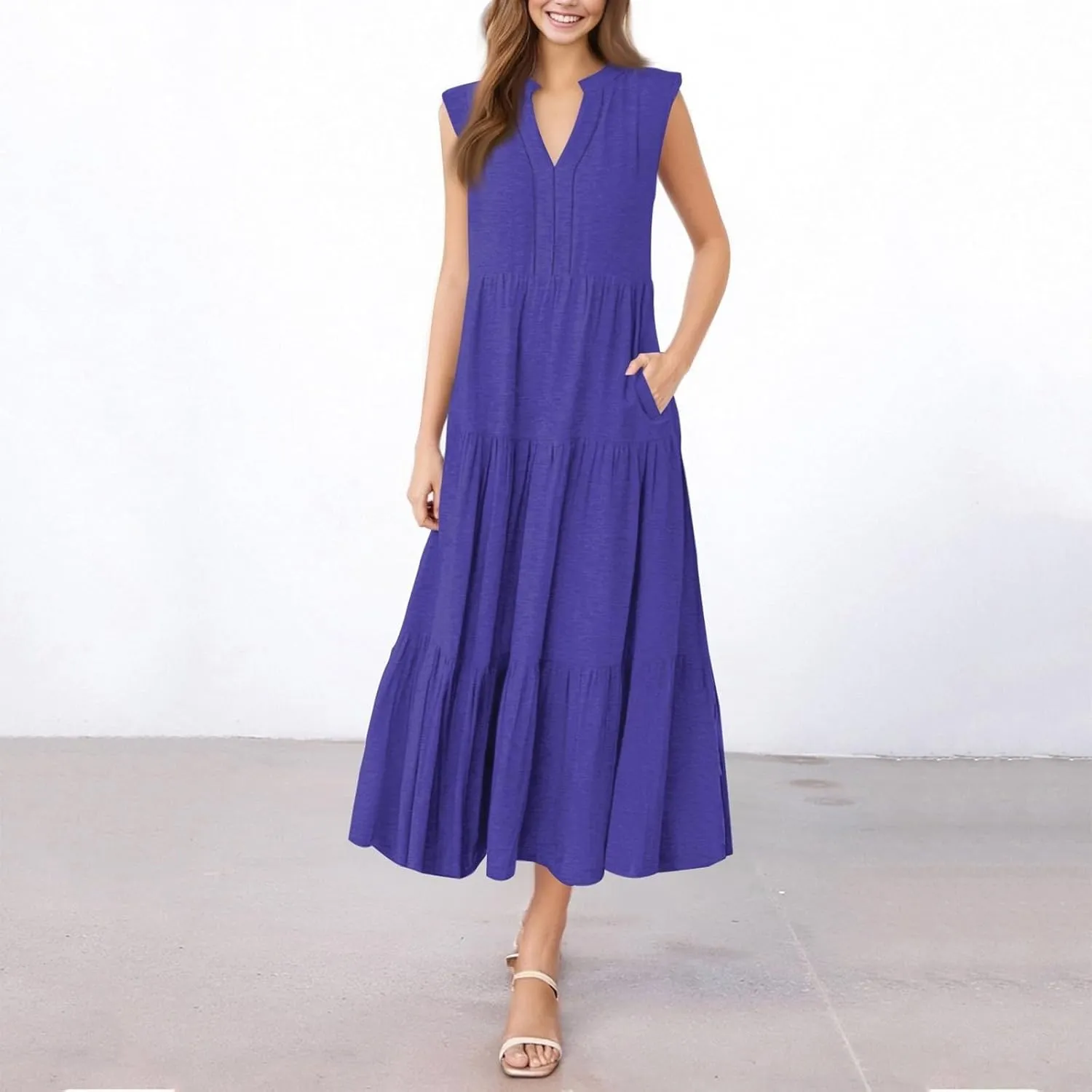 Womens Summer Dresses Fashion Boho Sleeveless V-Neck Maxi Dresses Flowy Pleated Beach Vacation Tank Sundress