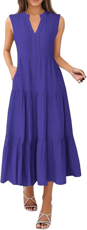 Womens Summer Dresses Fashion Boho Sleeveless V-Neck Maxi Dresses Flowy Pleated Beach Vacation Tank Sundress