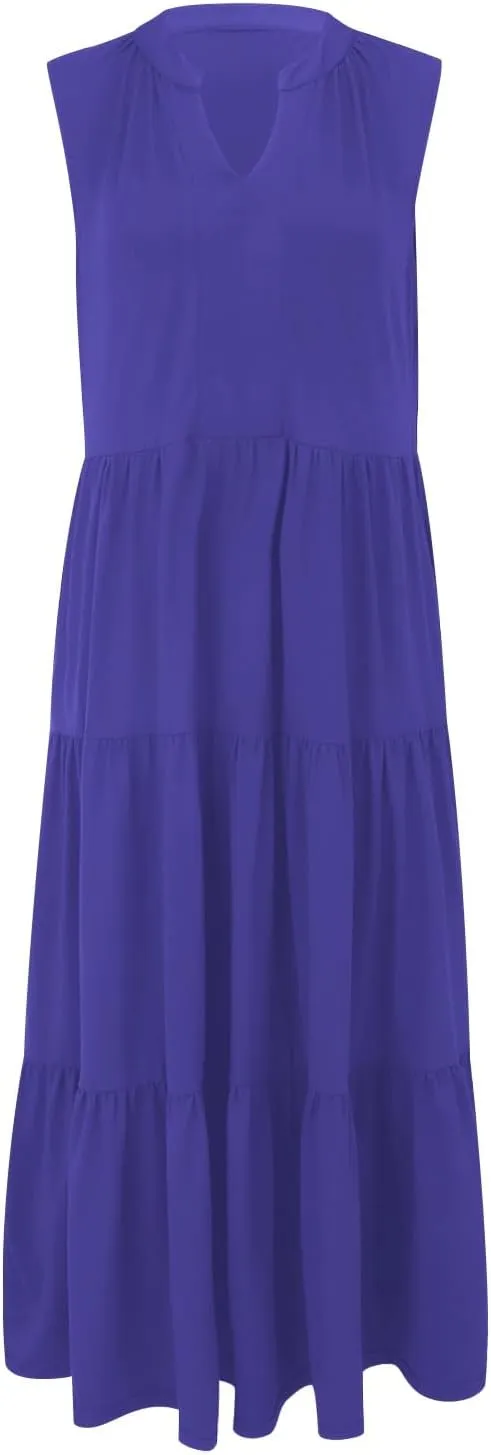 Womens Summer Dresses Fashion Boho Sleeveless V-Neck Maxi Dresses Flowy Pleated Beach Vacation Tank Sundress