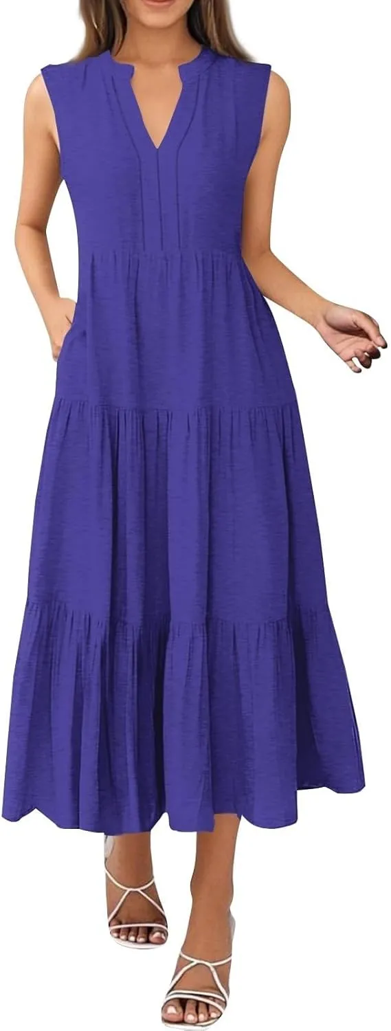 Womens Summer Dresses Fashion Boho Sleeveless V-Neck Maxi Dresses Flowy Pleated Beach Vacation Tank Sundress