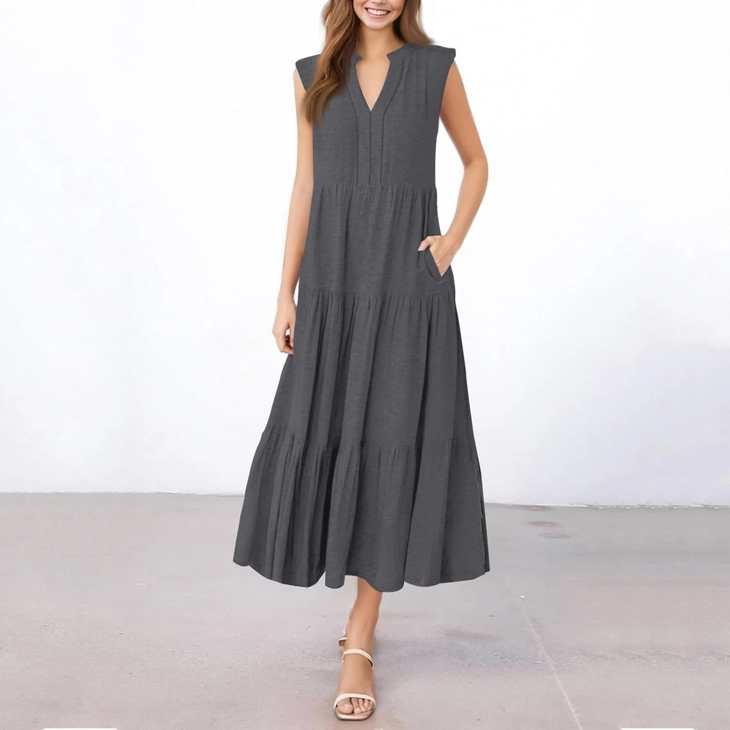 Womens Summer Dresses Fashion Boho Sleeveless V-Neck Maxi Dresses Flowy Pleated Beach Vacation Tank Sundress