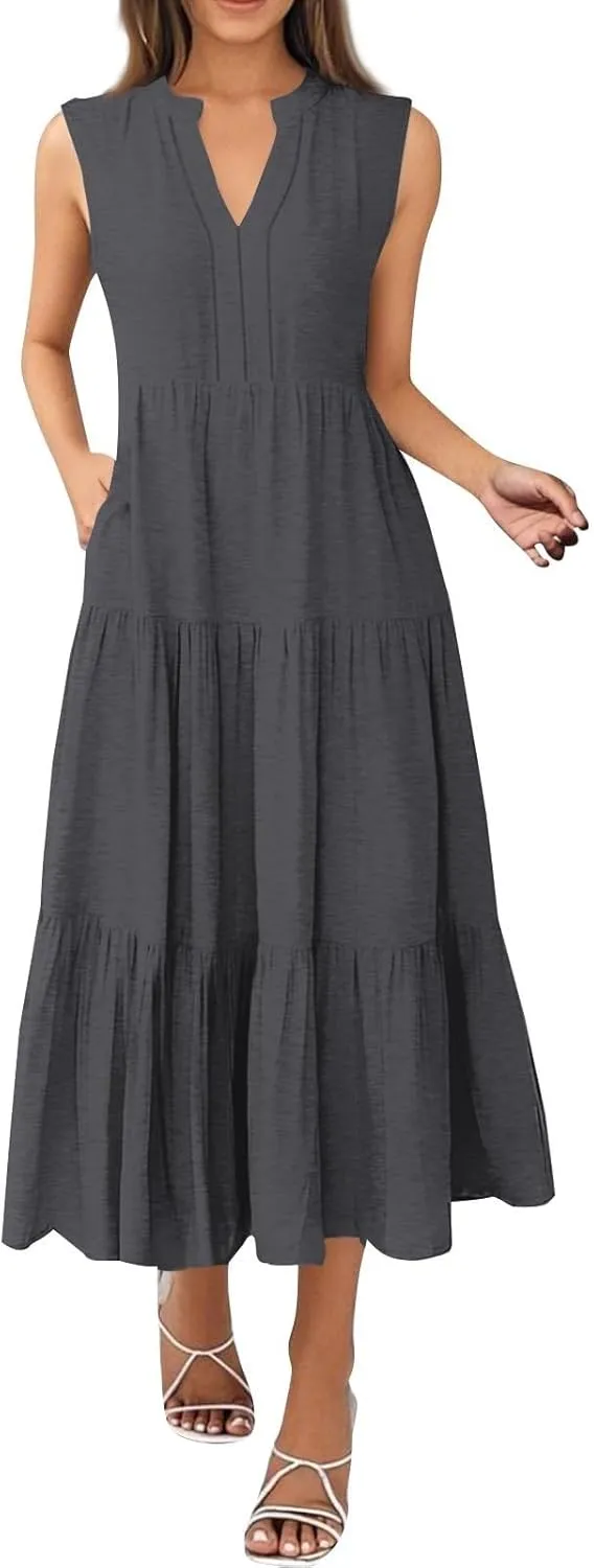 Womens Summer Dresses Fashion Boho Sleeveless V-Neck Maxi Dresses Flowy Pleated Beach Vacation Tank Sundress