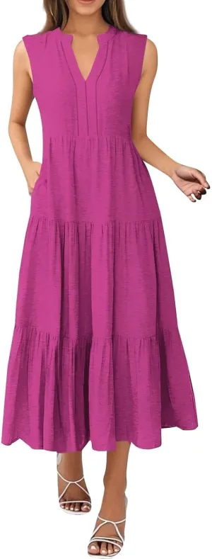 Womens Summer Dresses Fashion Boho Sleeveless V-Neck Maxi Dresses Flowy Pleated Beach Vacation Tank Sundress