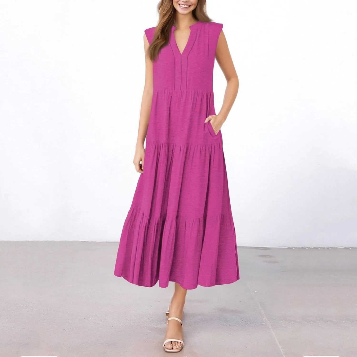 Womens Summer Dresses Fashion Boho Sleeveless V-Neck Maxi Dresses Flowy Pleated Beach Vacation Tank Sundress