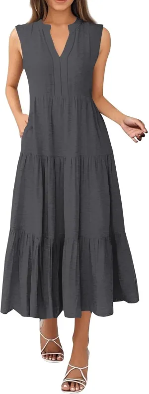 Womens Summer Dresses Fashion Boho Sleeveless V-Neck Maxi Dresses Flowy Pleated Beach Vacation Tank Sundress