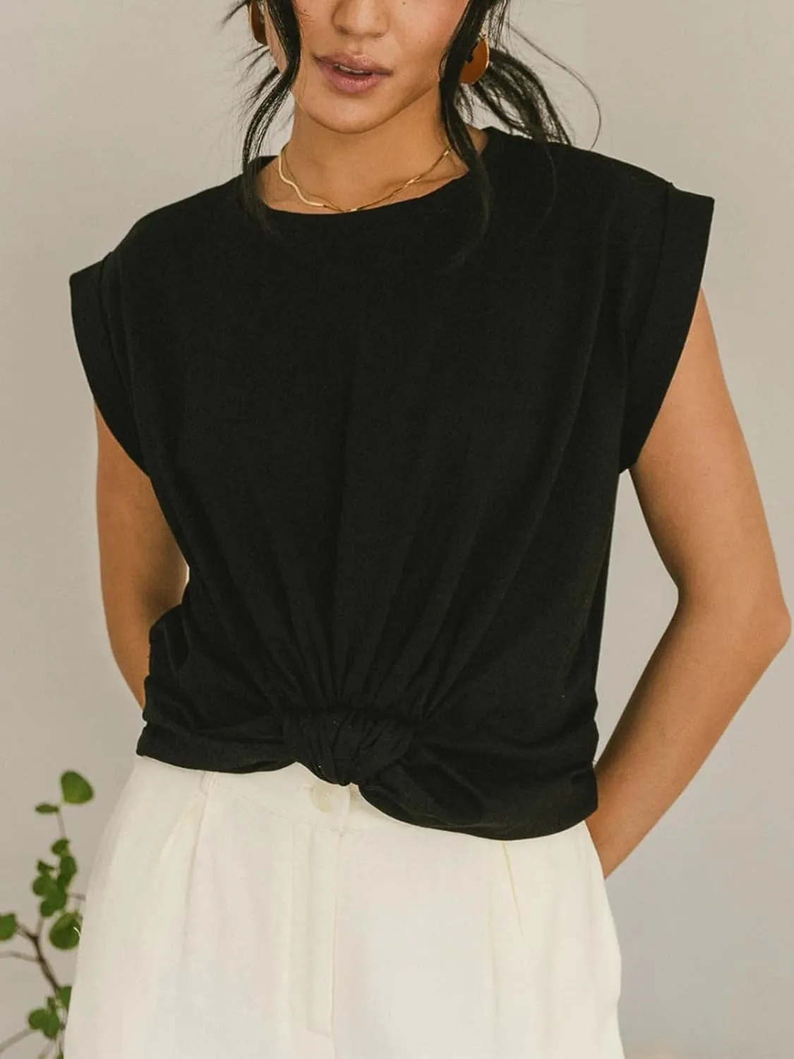 Womens Tie Knot Front Cropped T-Shirt Summer Casual Crew Neck Rolled Short Sleeve Crop Tops Tees