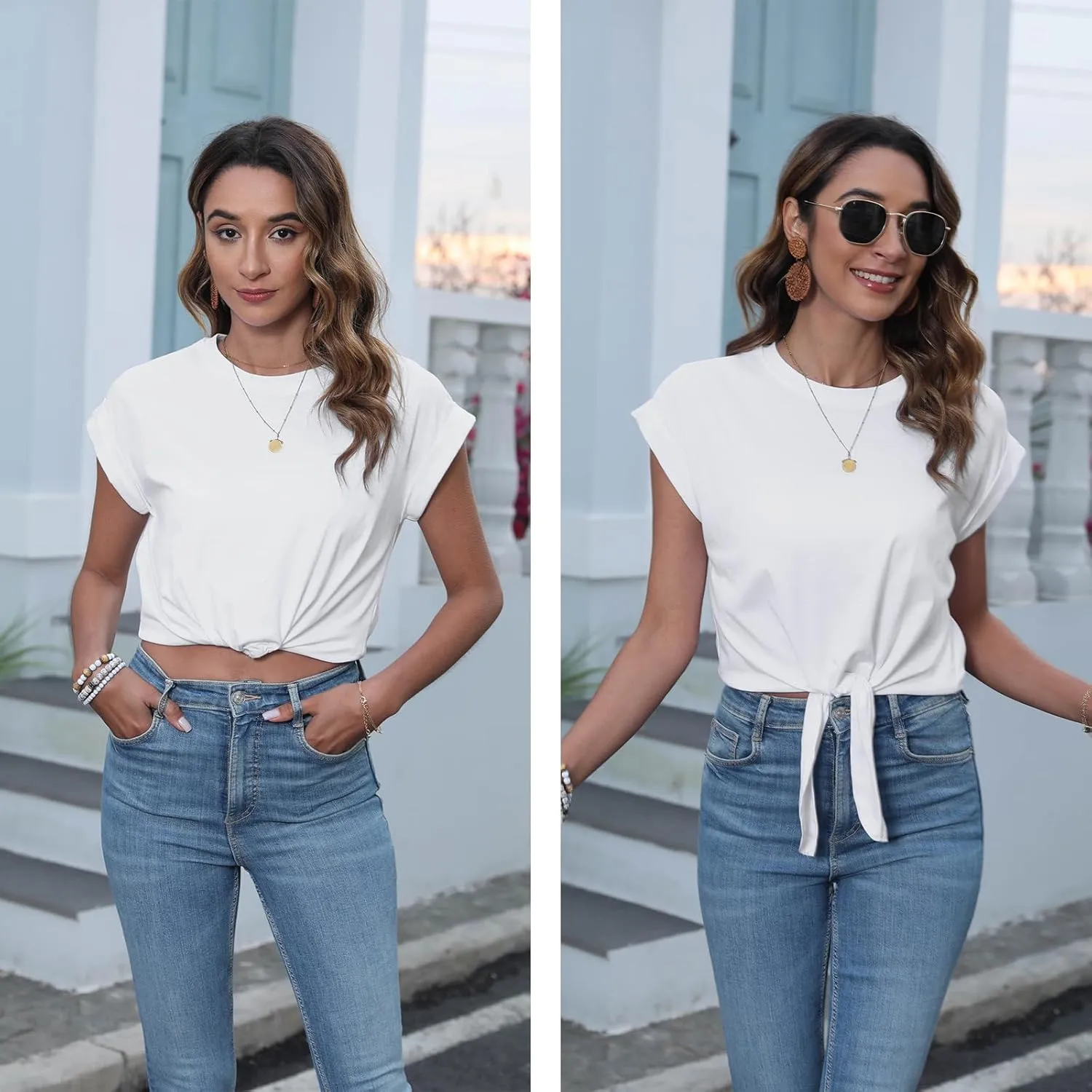 Womens Tie Knot Front Cropped T-Shirt Summer Casual Crew Neck Rolled Short Sleeve Crop Tops Tees
