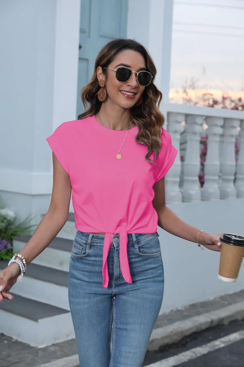 Womens Tie Knot Front Cropped T-Shirt Summer Casual Crew Neck Rolled Short Sleeve Crop Tops Tees