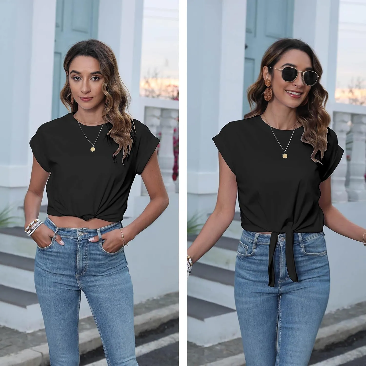 Womens Tie Knot Front Cropped T-Shirt Summer Casual Crew Neck Rolled Short Sleeve Crop Tops Tees