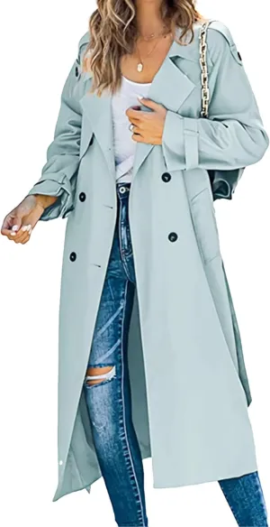 Women's Windproof Trench Coat Notched Lapel Double Breasted Long Overcoat Casual Fall Winter Windbreaker Outerwear