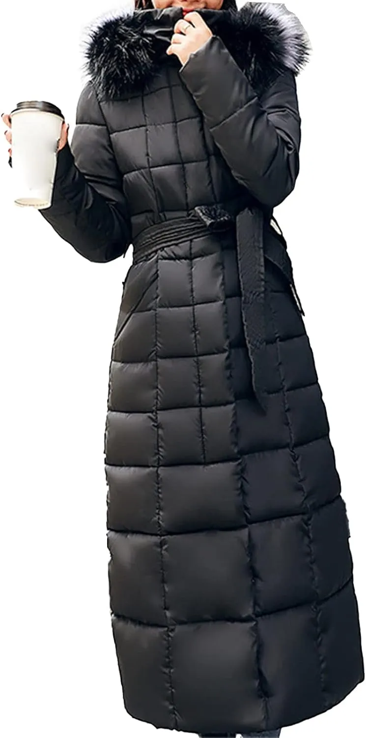 Women's Winter Long Puffer Coat Long Sleeve Maxi Down Parka Jacket with Fur Hood Slim Fit Warm Thicken Outwear