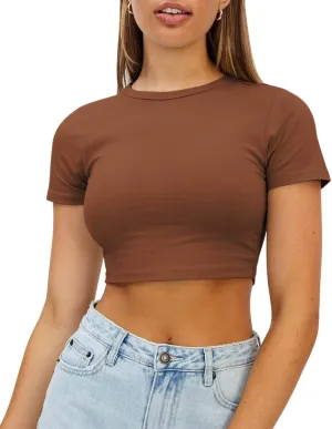 WYNNQUE Womens Crop Tops Cute Summer Scoop Neck Basic Tees Slim Fit Trendy Short Sleeve T Shirts for Teen Girls 2025