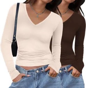Zeagoo Women 2 Pack Long Sleeve Shirts V Neck T Shirts Casual Thermal Tops Slim Fit Basic Tight Tees Going Out Top