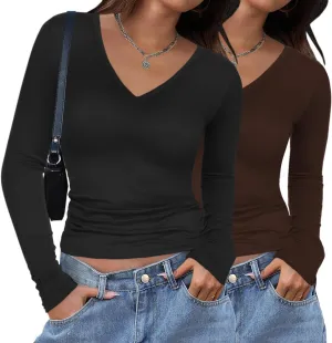 Zeagoo Women 2 Pack Long Sleeve Shirts V Neck T Shirts Casual Thermal Tops Slim Fit Basic Tight Tees Going Out Top